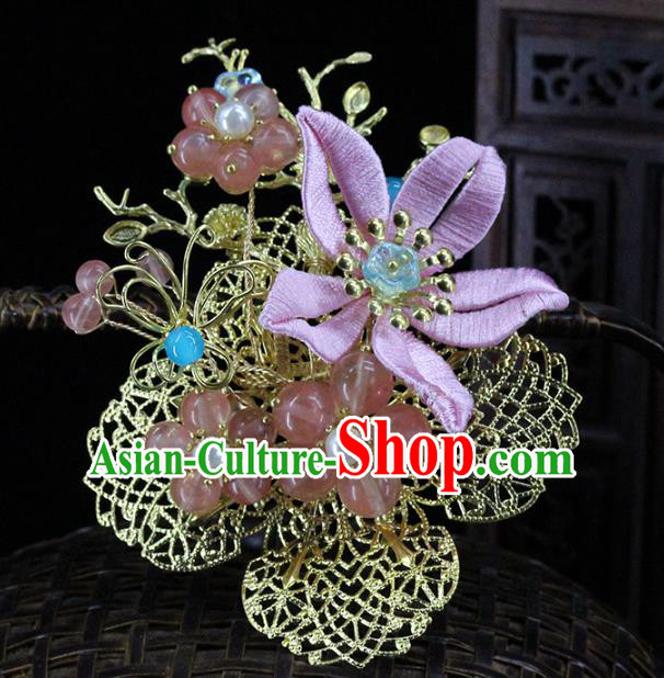 Traditional Chinese Handmade Pink Flower Brass Hairpin Headdress Ancient Hanfu Hair Accessories for Women