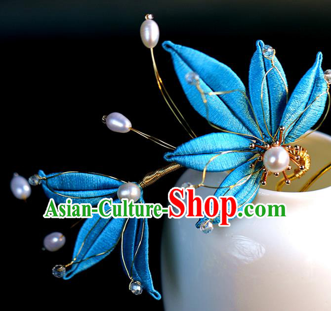 Traditional Chinese Handmade Blue Leaf Hairpin Headdress Ancient Hanfu Hair Accessories for Women