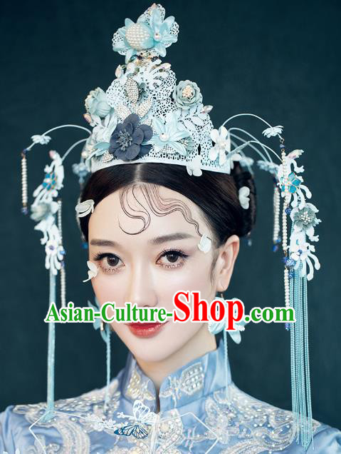 Traditional Chinese Blue Flowers Phoenix Coronet Tassel Hairpins Headdress Ancient Bride Hair Accessories for Women