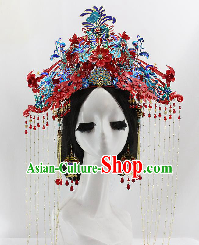 Traditional Chinese Opera Cloisonne Red Phoenix Coronet Hairpins Headdress Ancient Wedding Hair Accessories for Women