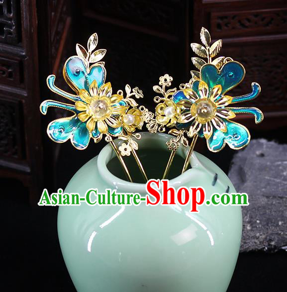 Traditional Chinese Handmade Blue Butterfly Hairpins Headdress Ancient Hanfu Hair Accessories for Women