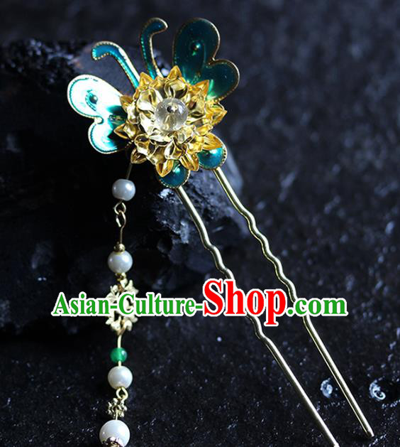 Traditional Chinese Handmade Blue Butterfly Tassel Hairpins Headdress Ancient Hanfu Hair Accessories for Women