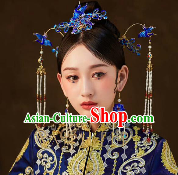 Traditional Chinese Cloisonne Crane Hair Crown Hairpins Headdress Ancient Wedding Hair Accessories for Women