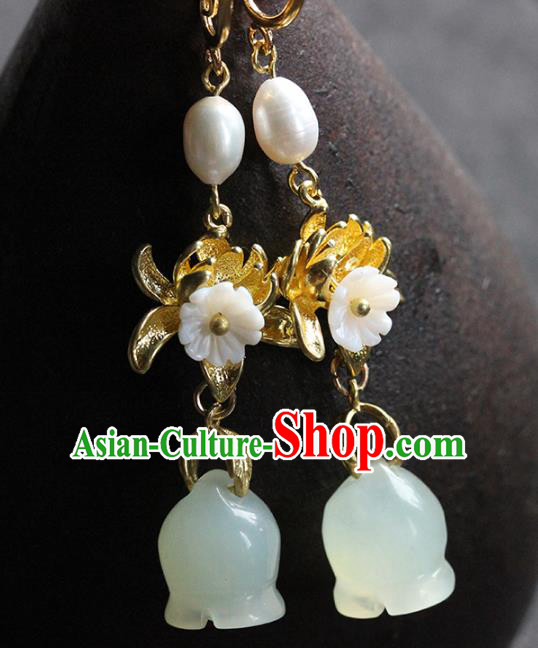 Traditional Chinese Handmade Jade Magnolia Earrings Ancient Hanfu Ear Accessories for Women