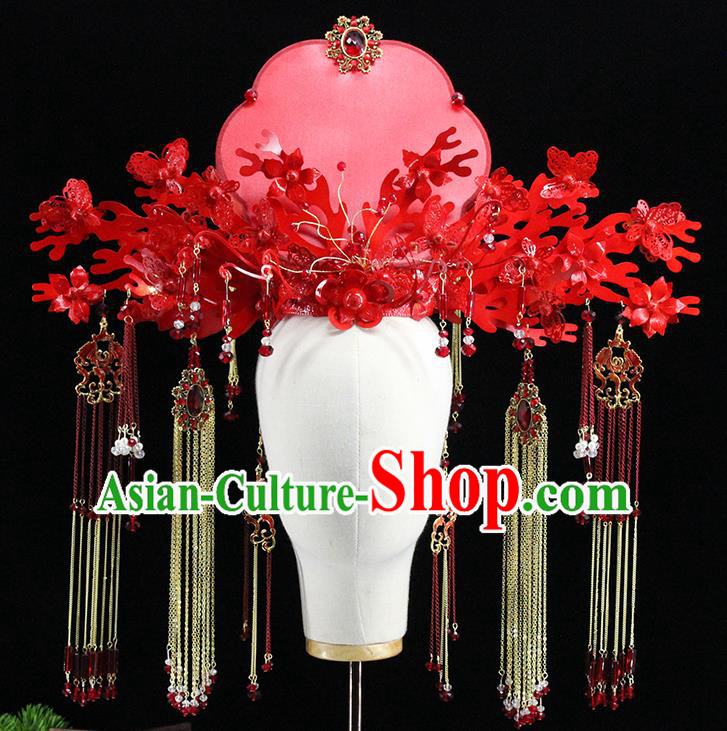 Traditional Chinese Wedding Red Phoenix Coronet Tassel Hairpins Headdress Ancient Bride Hair Accessories for Women