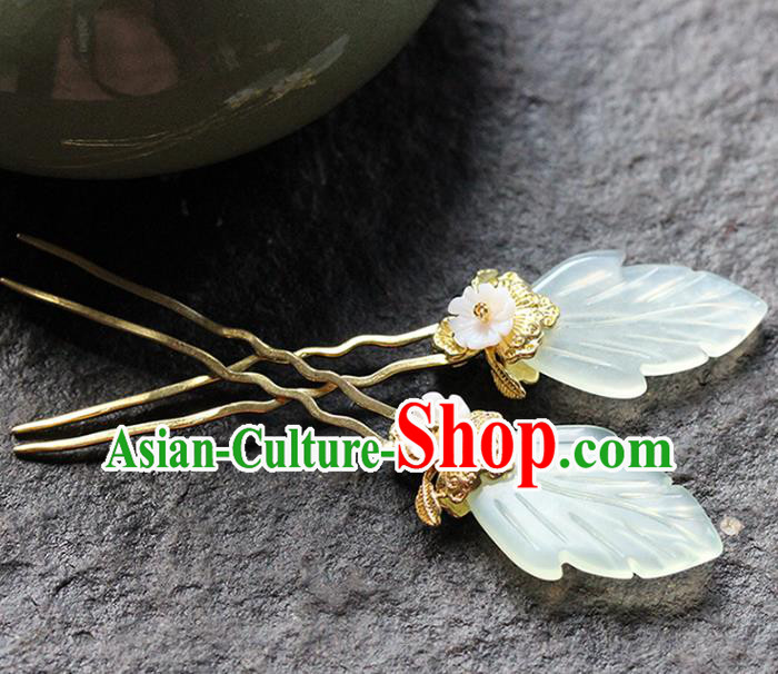 Traditional Chinese Handmade Jade Leaf Hairpin Headdress Ancient Hanfu Hair Accessories for Women