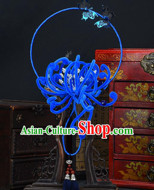 Traditional Chinese Handmade Blue Velvet Chrysanthemum Round Fans Ancient Hanfu Wedding Palace Fan for Women