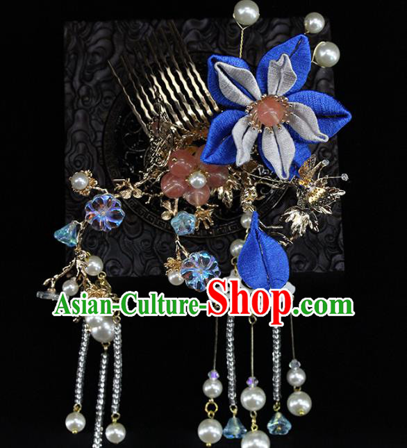 Traditional Chinese Handmade Blue Flowers Tassel Hair Comb Headdress Ancient Hanfu Hair Accessories for Women