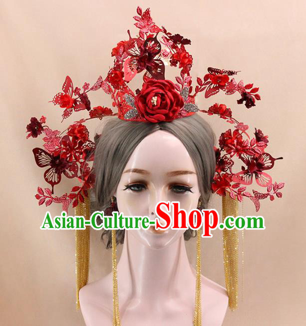 Traditional Chinese Red Rose Phoenix Coronet Hairpins Headdress Ancient Wedding Hair Accessories for Women