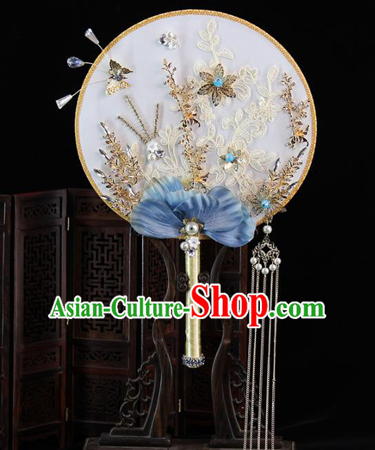 Traditional Chinese Handmade Blue Phalaenopsis Round Fans Ancient Hanfu Wedding Palace Fan for Women