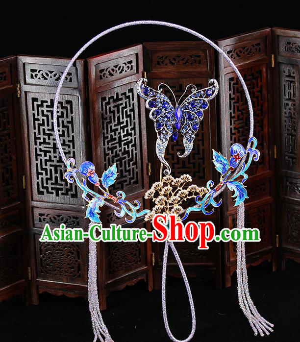 Traditional Chinese Handmade Blue Crystal Butterfly Round Fans Ancient Hanfu Wedding Palace Fan for Women