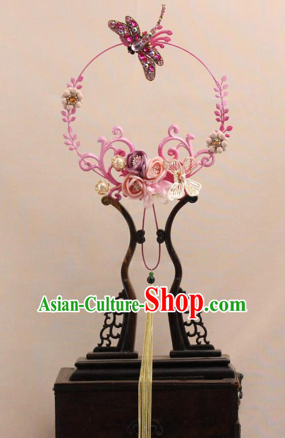 Traditional Chinese Handmade Pink Dragonfly Flowers Round Fans Ancient Hanfu Wedding Palace Fan for Women