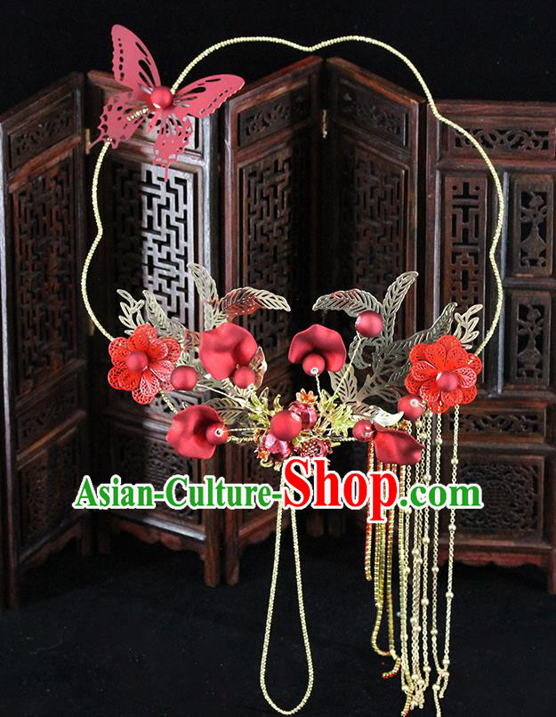 Traditional Chinese Handmade Red Butterfly Flower Fans Ancient Hanfu Wedding Palace Fan for Women