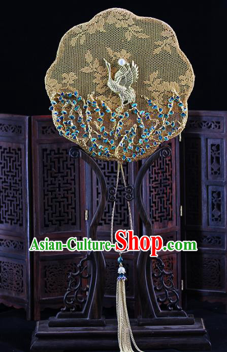 Traditional Chinese Handmade Golden Crane Silk Fans Ancient Hanfu Wedding Palace Fan for Women