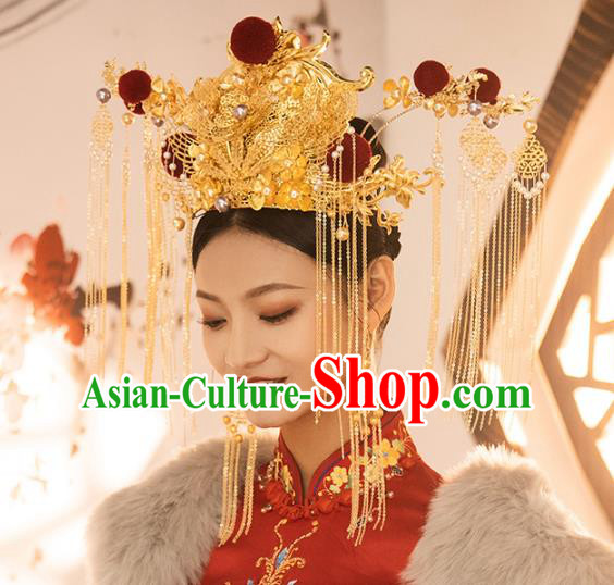 Traditional Chinese Golden Butterfly Phoenix Coronet Hairpins Headdress Ancient Wedding Hair Accessories for Women