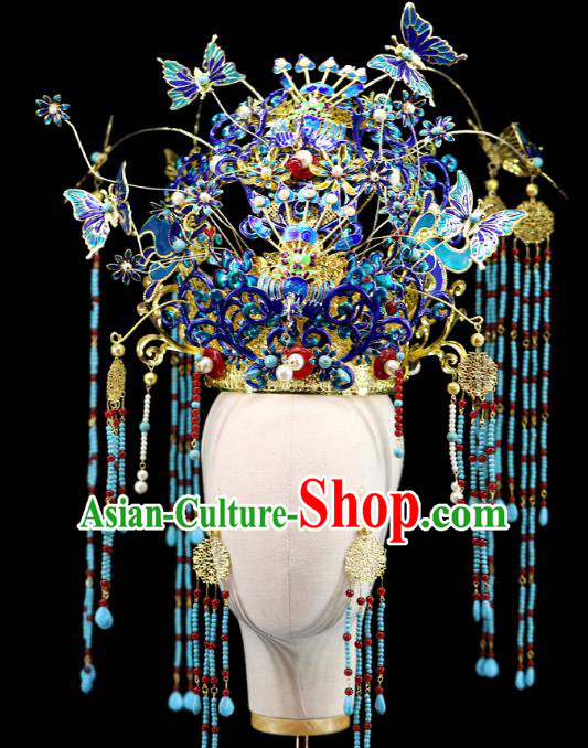 Traditional Chinese Cloisonne Butterfly Phoenix Coronet Hairpins Headdress Ancient Wedding Hair Accessories for Women