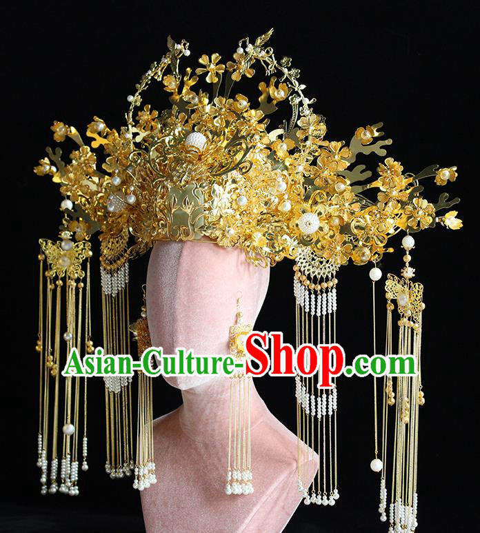 Traditional Chinese Deluxe Golden Phoenix Coronet Hairpins Headdress Ancient Wedding Hair Accessories for Women