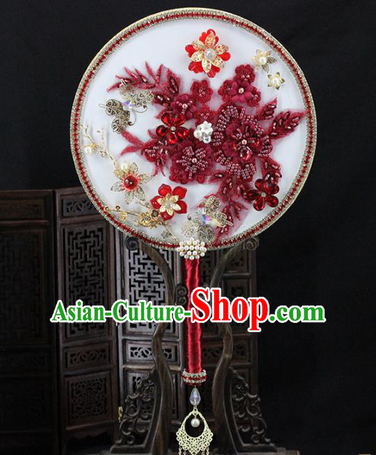 Traditional Chinese Handmade Red Flowers Round Fans Ancient Hanfu Wedding Palace Fan for Women