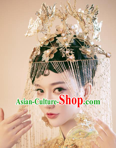 Traditional Chinese Wedding Deluxe Golden Phoenix Coronet Hairpins Headdress Ancient Hair Accessories for Women