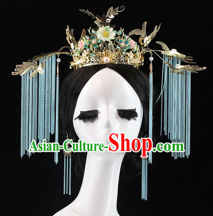 Traditional Chinese Wedding Deluxe Blue Tassel Phoenix Coronet Hairpins Headdress Ancient Hair Accessories for Women