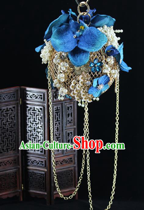 Traditional Chinese Blue Phalaenopsis Handbag Handmade Wedding Bag Accessories for Women