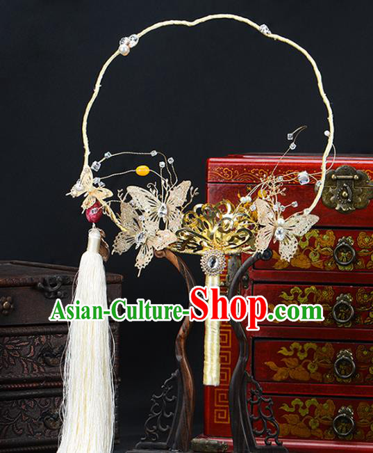 Traditional Chinese Handmade Golden Butterfly Round Fans Ancient Hanfu Wedding Palace Fan for Women