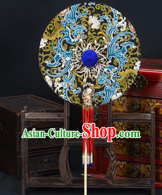 Traditional Chinese Handmade Tassel Black Round Fans Ancient Hanfu Wedding Palace Fan for Women