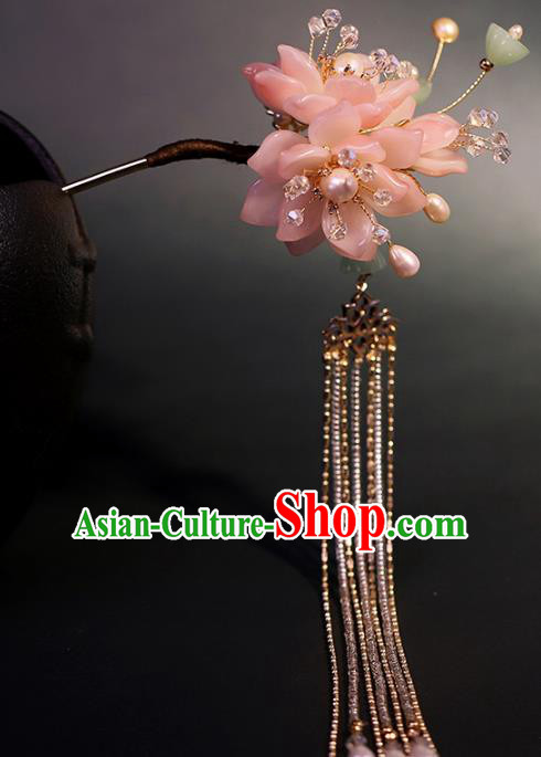 Traditional Chinese Handmade Pink Lotus Tassel Hairpin Headdress Ancient Hanfu Hair Accessories for Women