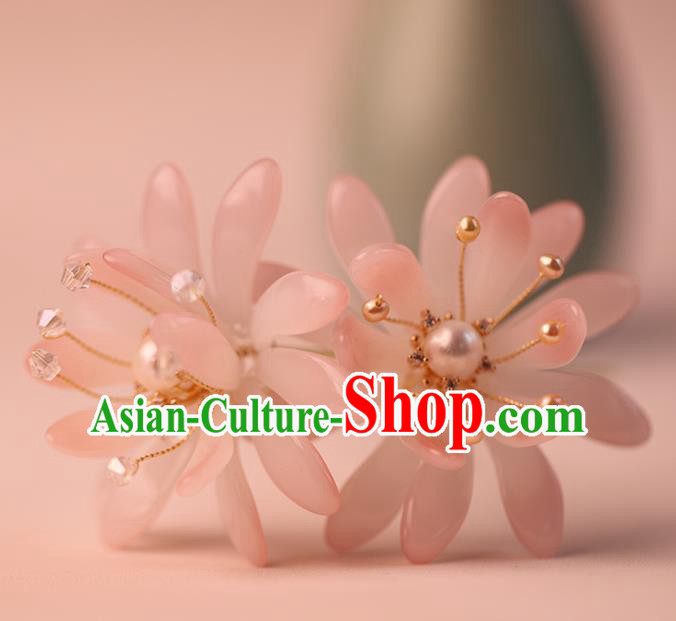 Traditional Chinese Handmade Pink Glass Flower Hairpin Headdress Ancient Hanfu Hair Accessories for Women