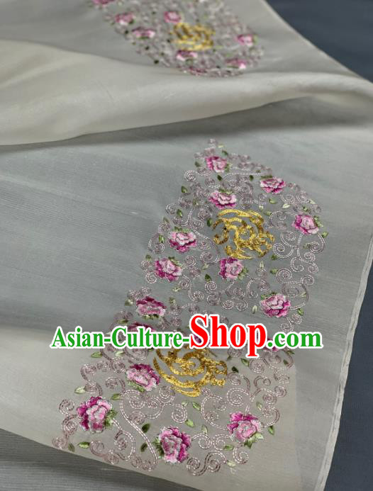 Asian Chinese Traditional Embroidered Peony Pattern Design White Silk Fabric Hanfu Material