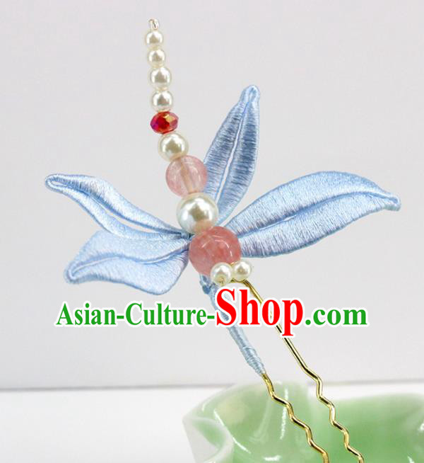 Traditional Chinese Handmade Blue Dragonfly Hairpin Headdress Ancient Hanfu Hair Accessories for Women