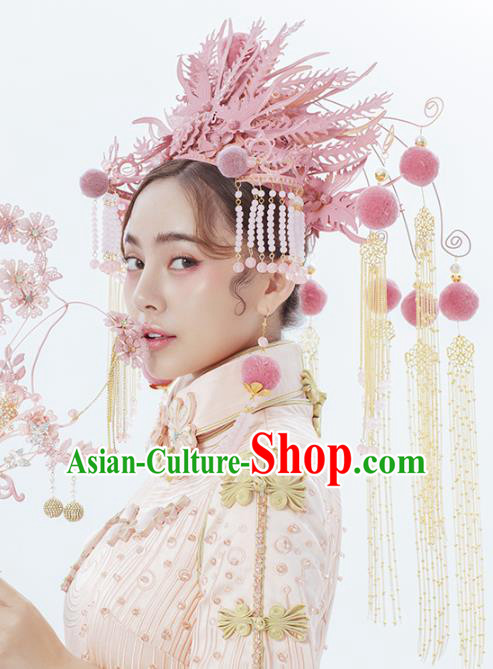 Traditional Chinese Wedding Pink Phoenix Coronet Headdress Ancient Bride Hair Accessories for Women