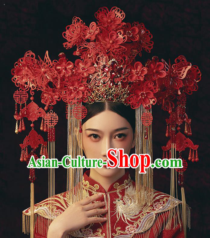 Traditional Chinese Wedding Red Flowers Phoenix Coronet Headdress Ancient Bride Hair Accessories for Women