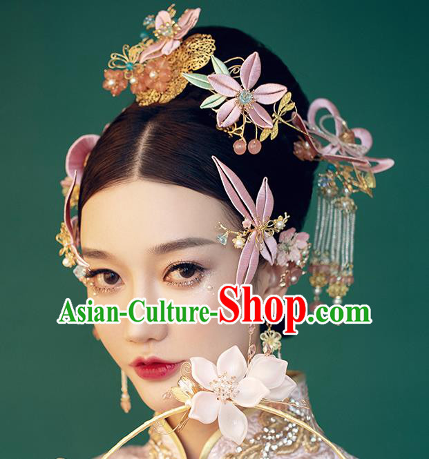 Traditional Chinese Wedding Hair Crown Pink Flower Hairpins Headdress Ancient Bride Hair Accessories for Women