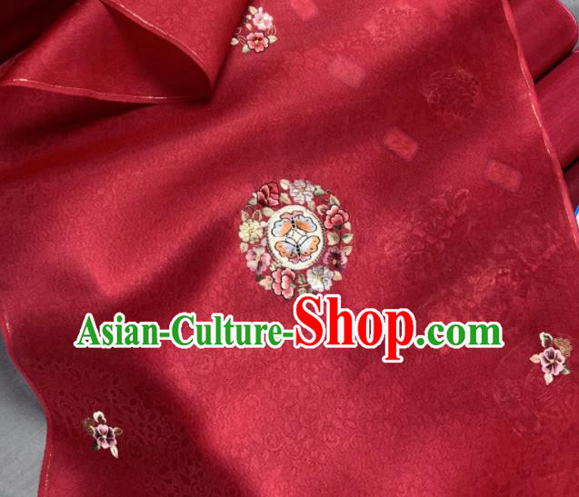 Chinese Traditional Classical Embroidered Butterfly Pattern Design Red Silk Fabric Asian Hanfu Material