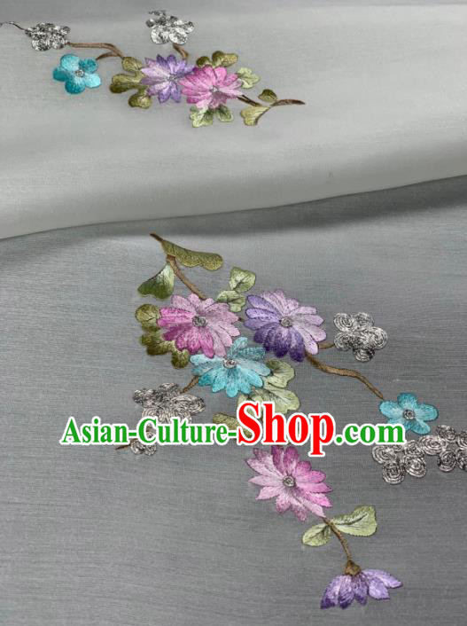 Asian Chinese Traditional Embroidered Chrysanthemum Pattern Design White Silk Fabric Hanfu Material