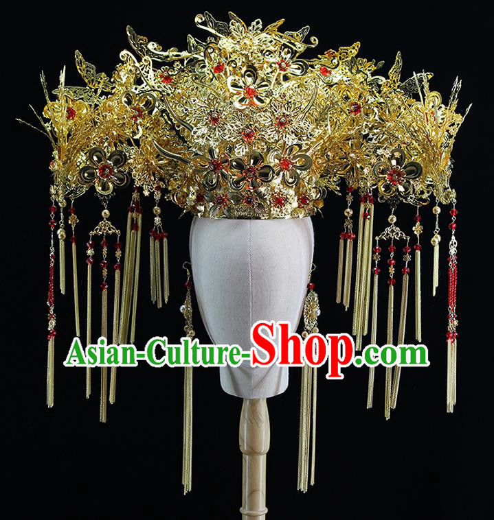 Traditional Chinese Bride Golden Luxury Phoenix Coronet Headdress Ancient Wedding Hair Accessories for Women