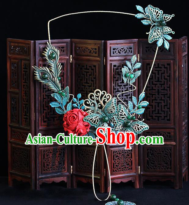 Traditional Chinese Classical Blue Butterfly Fans Ancient Hanfu Wedding Palace Fan for Women