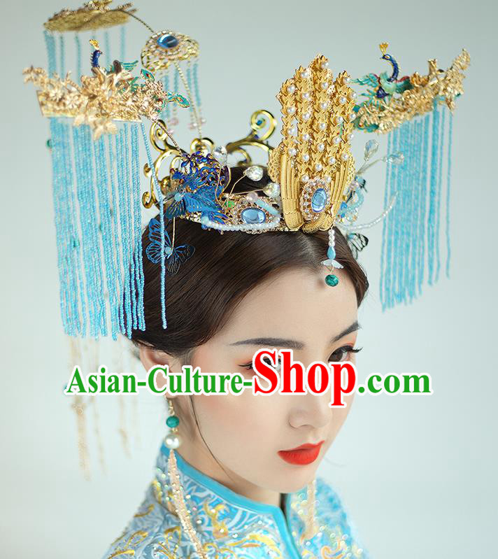 Traditional Chinese Bride Blue Tassel Phoenix Coronet Headdress Ancient Wedding Hair Accessories for Women