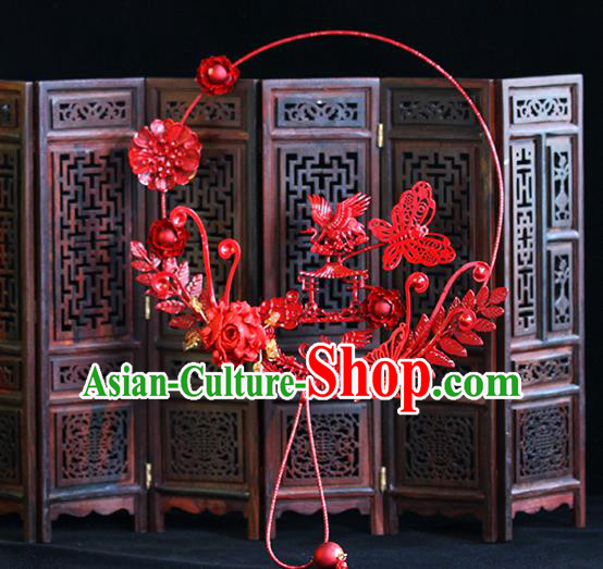 Traditional Chinese Classical Red Crane Fans Ancient Hanfu Wedding Palace Fan for Women