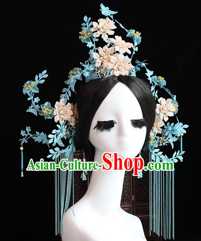 Traditional Chinese Bride Blue Phoenix Coronet Headdress Ancient Wedding Hair Accessories for Women