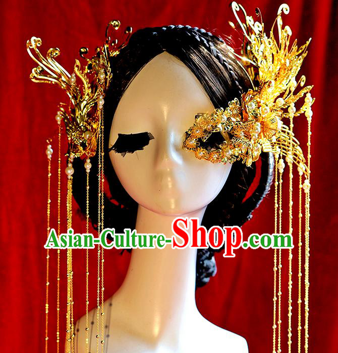 Traditional Chinese Bride Golden Phoenix Tassel Hair Clasp Headdress Ancient Wedding Hair Accessories for Women