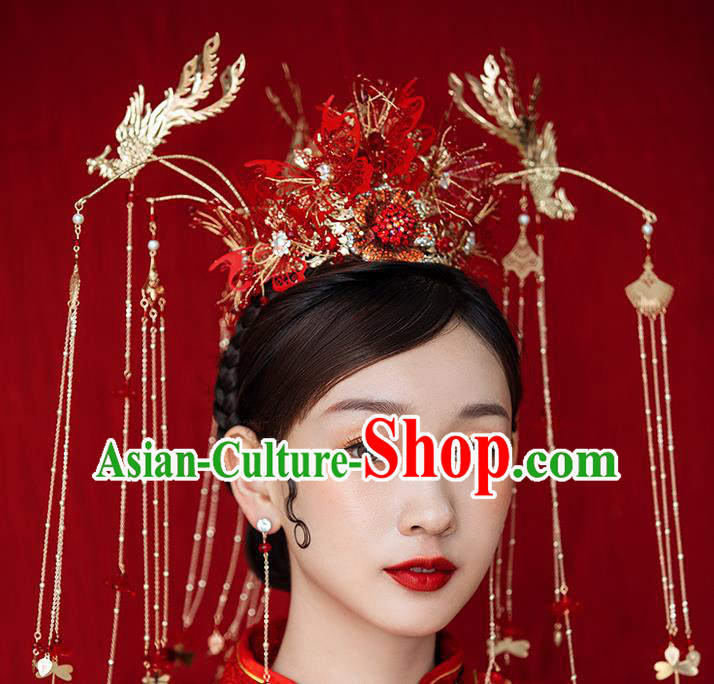 Traditional Chinese Bride Red Butterfly Phoenix Coronet Headdress Ancient Wedding Hair Accessories for Women