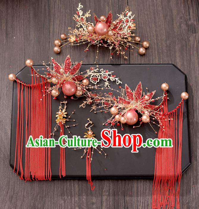 Traditional Chinese Bride Hair Crown Red Tassel Hairpins Headdress Ancient Wedding Hair Accessories for Women