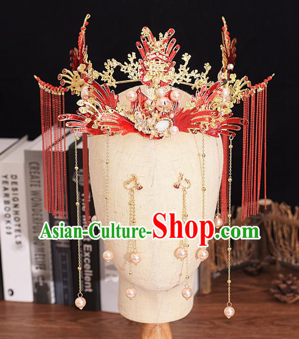 Traditional Chinese Bride Red Phoenix Coronet Headdress Ancient Wedding Hair Accessories for Women