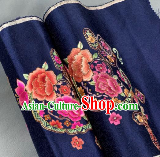 Chinese Traditional Classical Embroidered Peony Pattern Design Deep Blue Silk Fabric Asian Hanfu Material