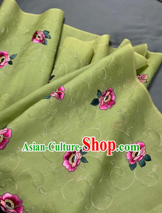 Chinese Traditional Classical Embroidered Flowers Pattern Design Green Silk Fabric Asian Hanfu Material