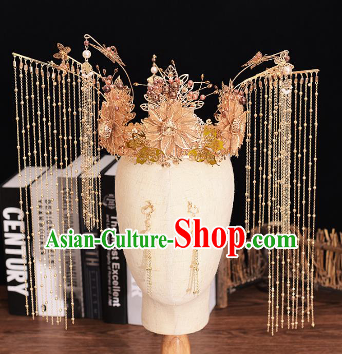 Traditional Chinese Bride Golden Flowers Phoenix Coronet Headdress Ancient Wedding Hair Accessories for Women