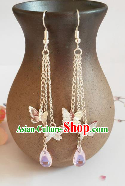 Traditional Chinese Handmade Pink Water Drop Butterfly Earrings Ancient Hanfu Ear Accessories for Women