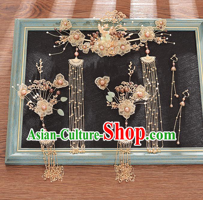 Traditional Chinese Bride Golden Pine and Hairpins Headdress Ancient Wedding Hair Accessories for Women